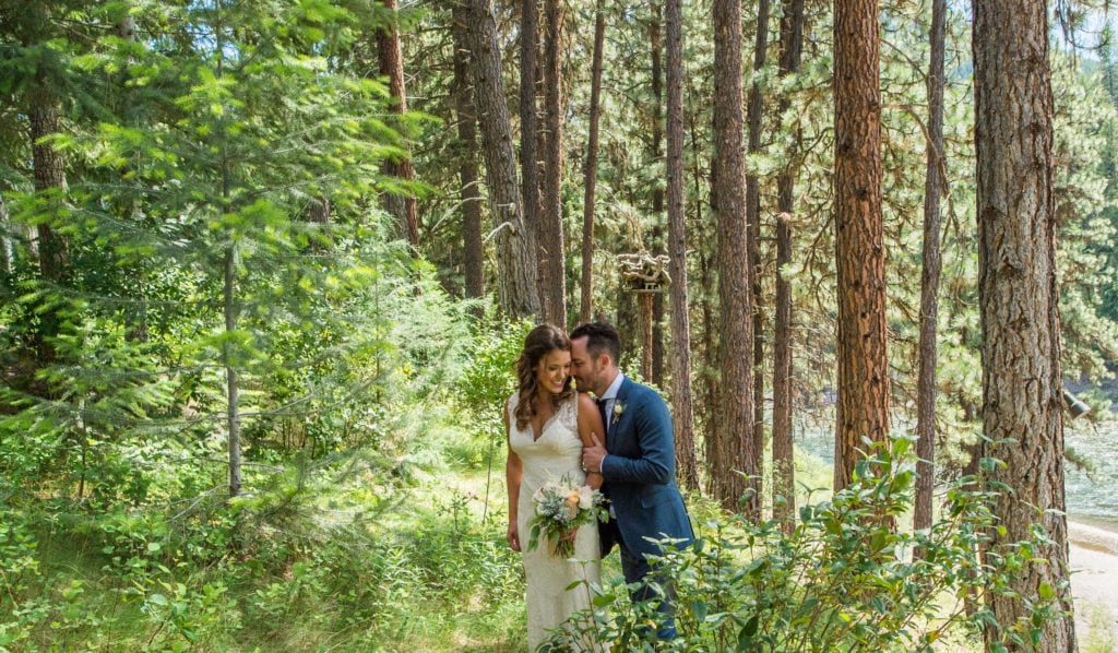 Locally grown flower bouquet in natural forest setting near Missoula, MT. Camp Jonawana Missoula, MT Wedding Flowers. Montana Eucalyptus, Tarkio RIver Lodge