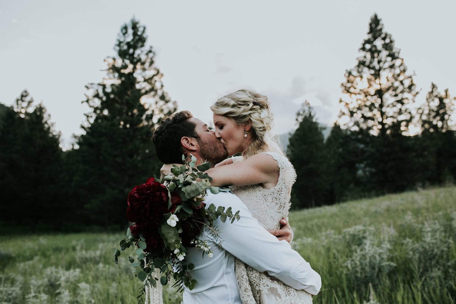 wild peony and eucalyptus bouquet at a wedding at white raven, avenue outside of Missoula, Montana